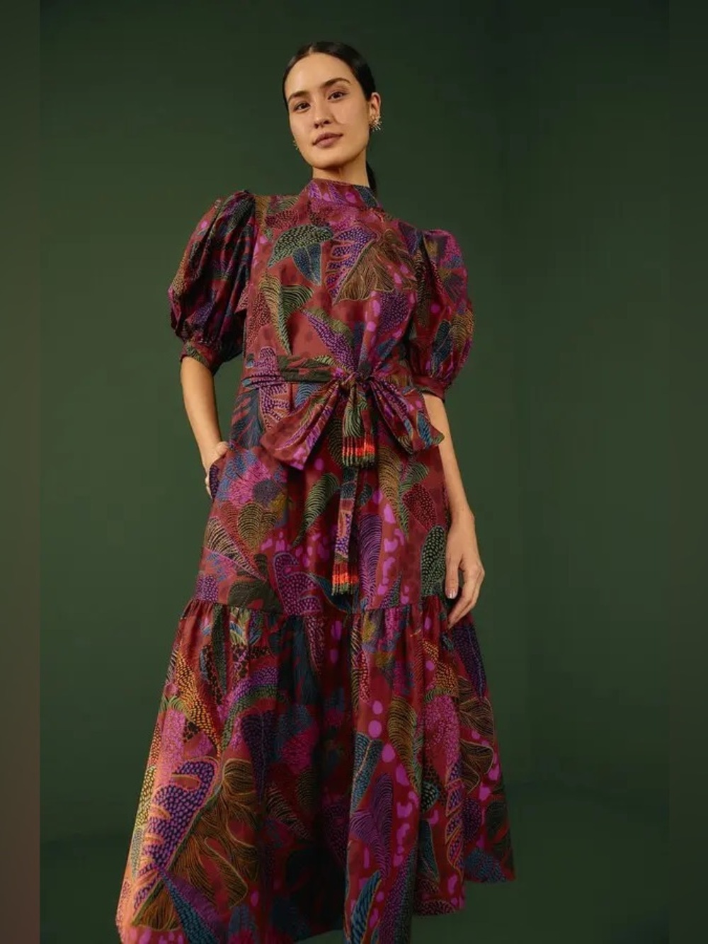 Farm Rio Magenta Brown Dotted Forest Midi Dress | XS